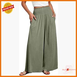 Wide Leg Palazzo Pants High Waist Smocked Casual Lounge Pockets Summer